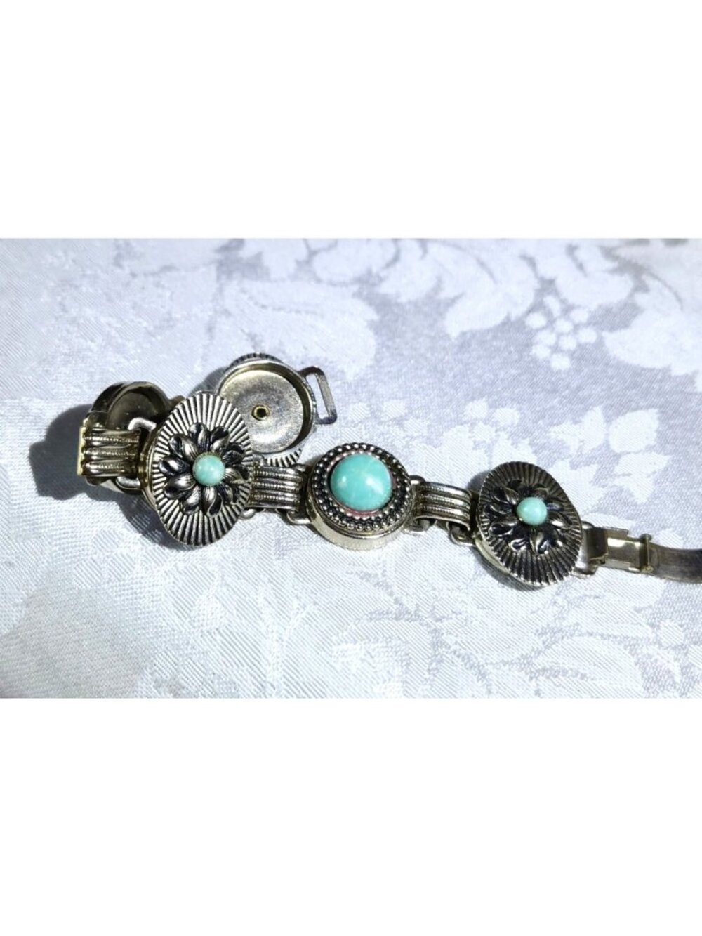 Vintage Western Silver Tone Concho Bracelet With Faux Turquoise Accents Boho Cow